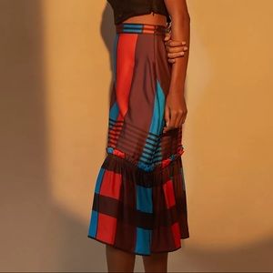 Eva Franco Flounced Blue Orange Red Plaid Ruffle Midi Skirt XXSP 00P